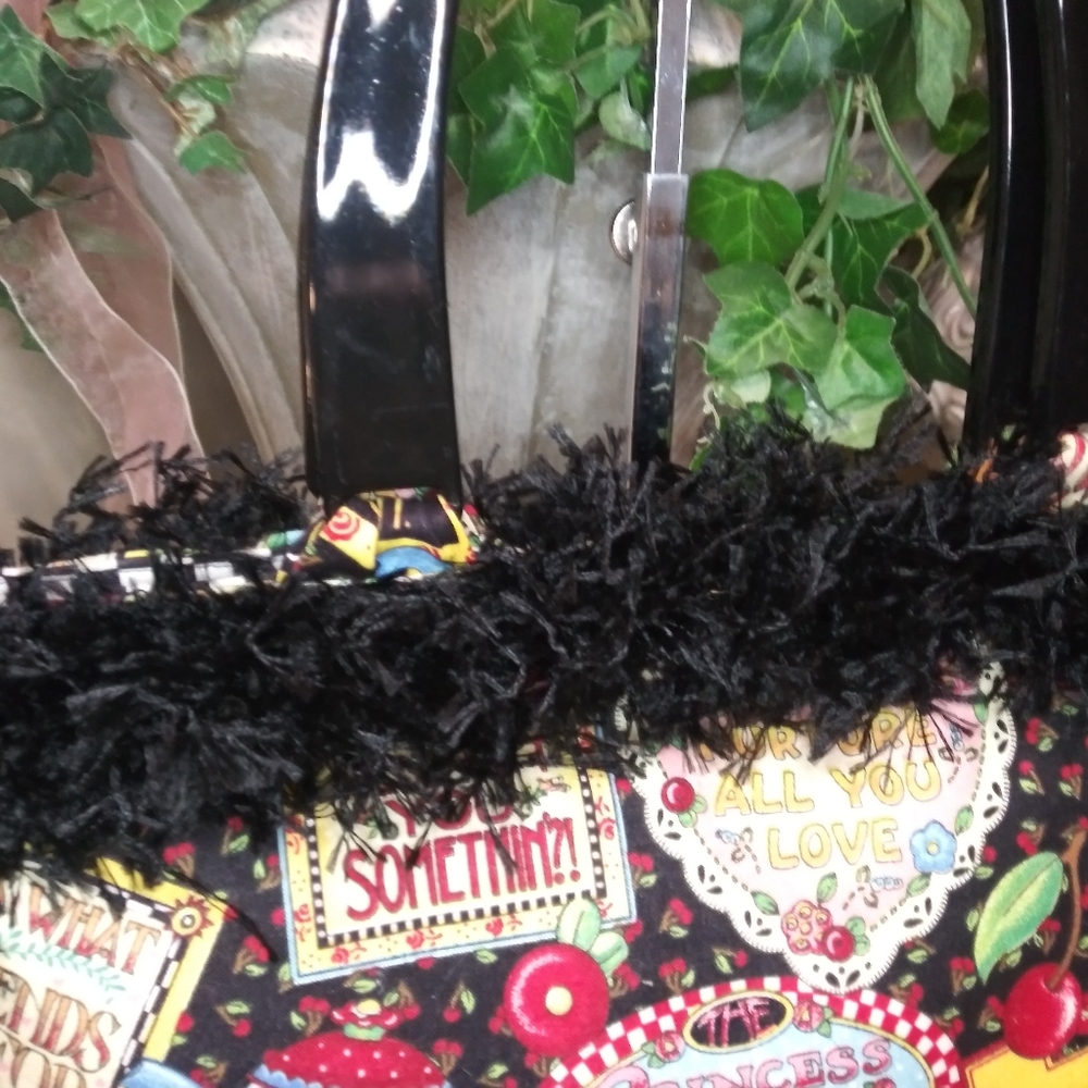 Vintage Mary Engelbreit Motto Design Black/Multi Fringe Trimmed Fabric Purse - Picture 2 of 8